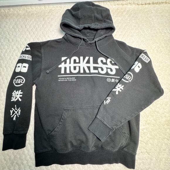 Young & Reckless Other - Young Reckless Y&R Hoodie Mens Medium Black Graphic Sleeve Logo Streetwear